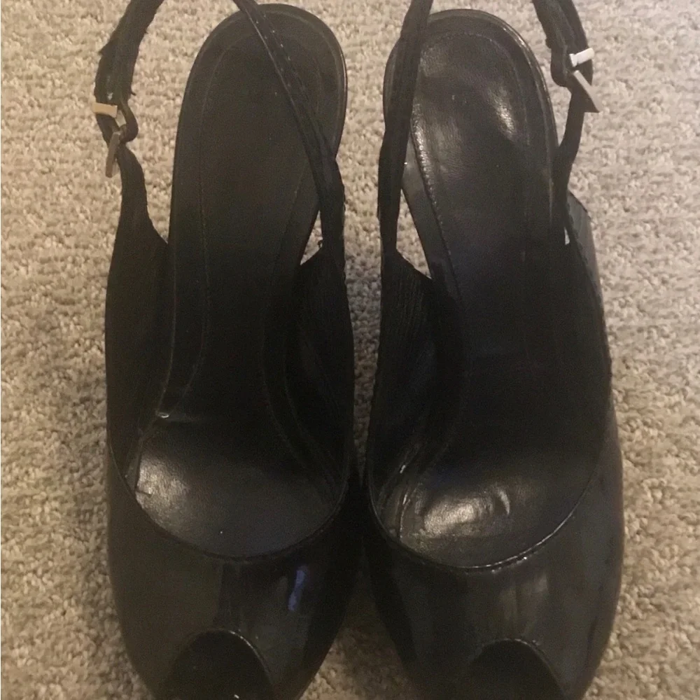 FENDI Black Patent Leather Slingback Logo Heel Peeptoe Sandals 36